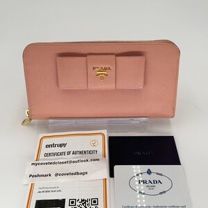 Prada Blush Pink Bow Zippy Wallet w/Entrupy COA